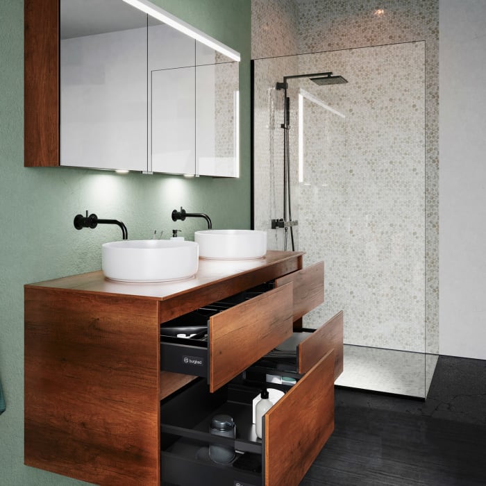 burgbad Lin20 Waschtischunterschrank mit Konsolenplatte 140 cm, 4 Auszüge, Beckenausschnitt links und rechts