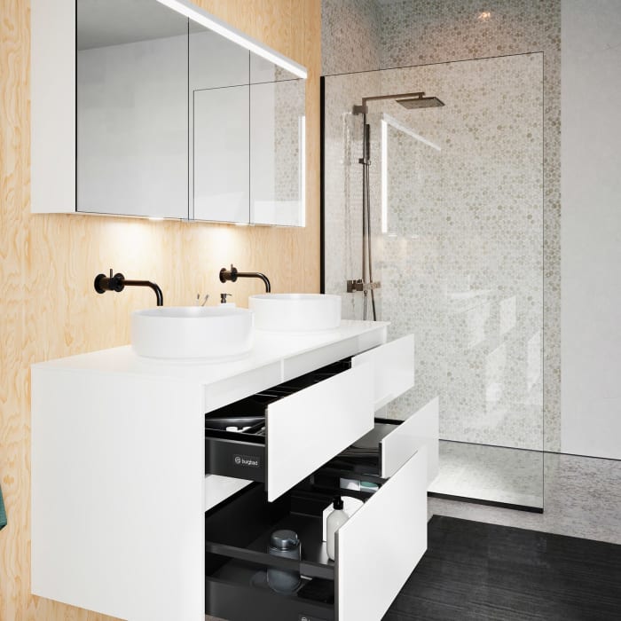 burgbad Lin20 Waschtischunterschrank mit Konsolenplatte 140 cm, 4 Auszüge, Beckenausschnitt links und rechts