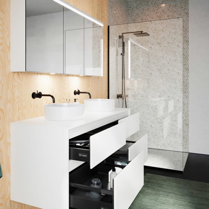 burgbad Lin20 Waschtischunterschrank mit Konsolenplatte 140 cm, 4 Auszüge, Beckenausschnitt links und rechts