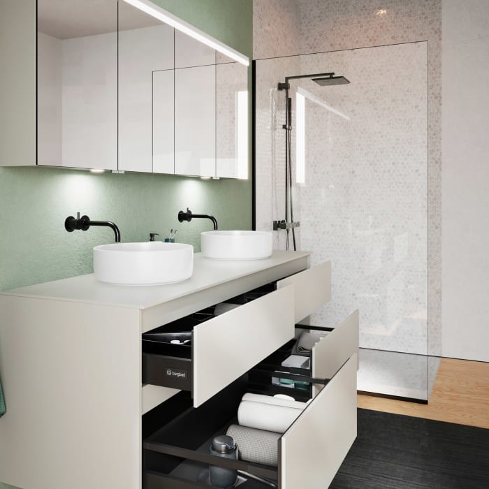 burgbad Lin20 Waschtischunterschrank mit Konsolenplatte 160 cm, 4 Auszüge, Beckenausschnitt links und rechts