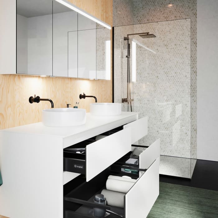 burgbad Lin20 Waschtischunterschrank mit Konsolenplatte 160 cm, 4 Auszüge, Beckenausschnitt links und rechts