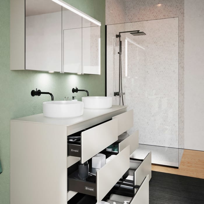 burgbad Lin20 Waschtischunterschrank mit Konsolenplatte 140 cm, 6 Auszüge, Beckenausschnitt links und rechts