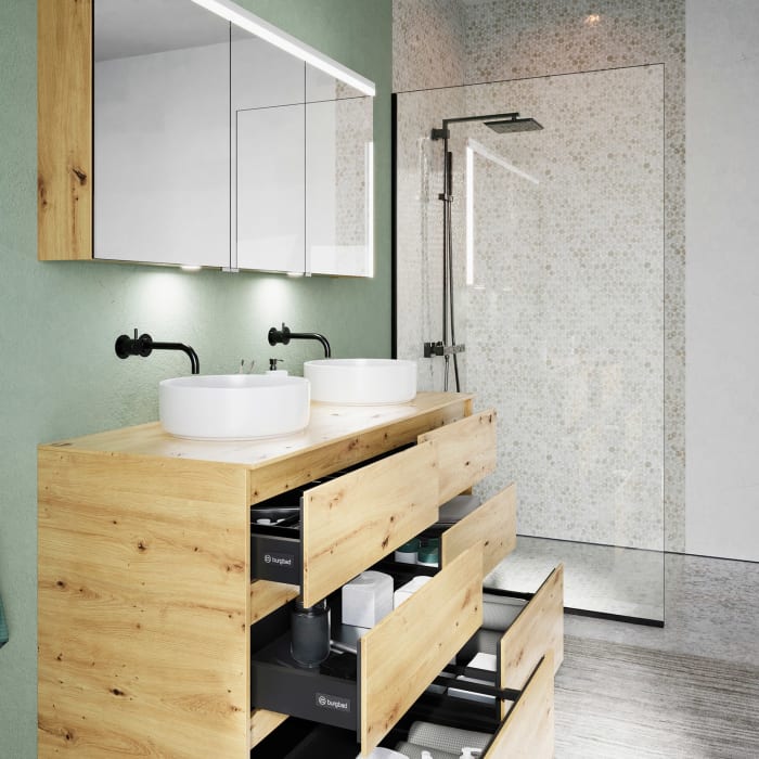 burgbad Lin20 Waschtischunterschrank mit Konsolenplatte 140 cm, 6 Auszüge, Beckenausschnitt links und rechts