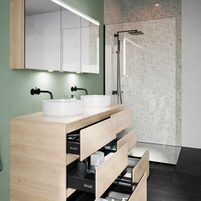 burgbad Lin20 Waschtischunterschrank mit Konsolenplatte 140 cm, 6 Auszüge, Beckenausschnitt links und rechts