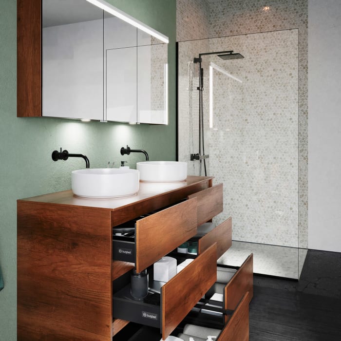 burgbad Lin20 Waschtischunterschrank mit Konsolenplatte 140 cm, 6 Auszüge, Beckenausschnitt links und rechts