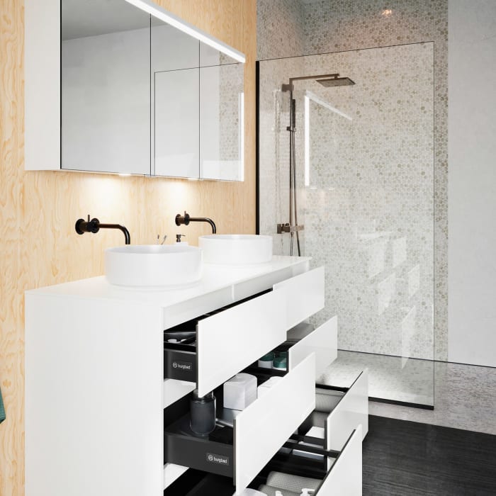 burgbad Lin20 Waschtischunterschrank mit Konsolenplatte 140 cm, 6 Auszüge, Beckenausschnitt links und rechts