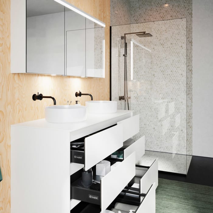 burgbad Lin20 Waschtischunterschrank mit Konsolenplatte 140 cm, 6 Auszüge, Beckenausschnitt links und rechts