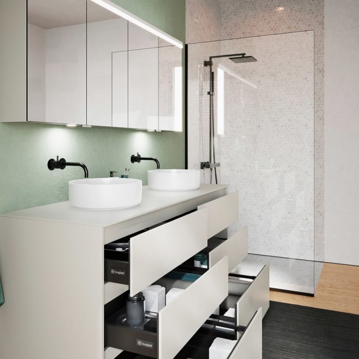 burgbad Lin20 Waschtischunterschrank mit Konsolenplatte 160 cm, 6 Auszüge, Beckenausschnitt links und rechts