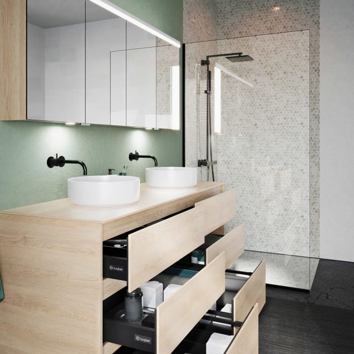 burgbad Lin20 Waschtischunterschrank mit Konsolenplatte 160 cm, 6 Auszüge, Beckenausschnitt links und rechts