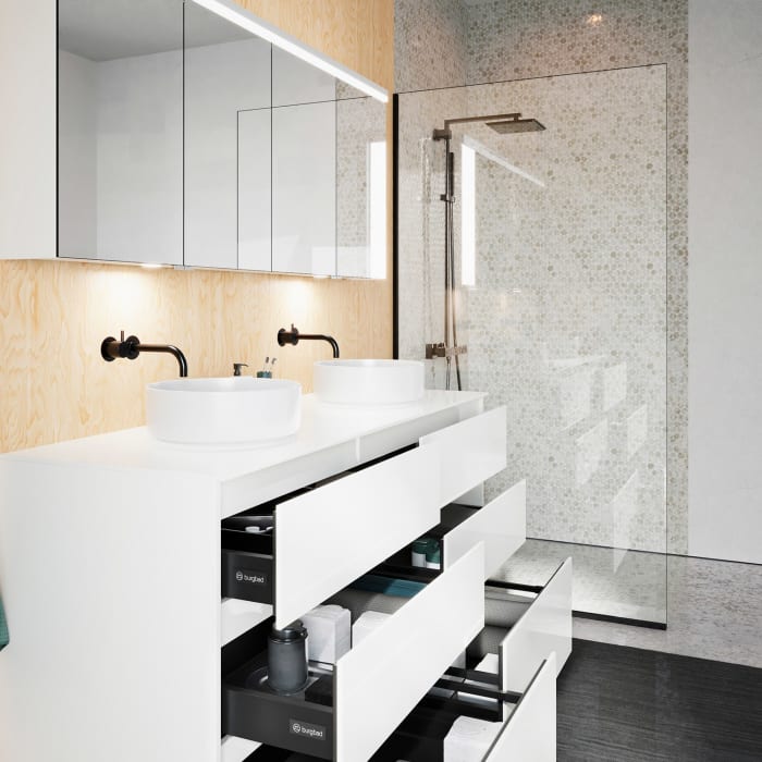 burgbad Lin20 Waschtischunterschrank mit Konsolenplatte 160 cm, 6 Auszüge, Beckenausschnitt links und rechts