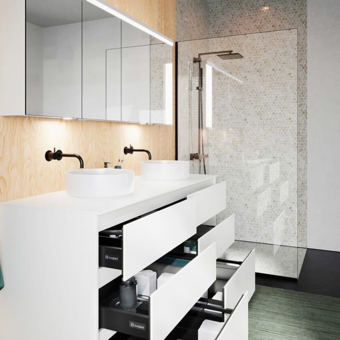 burgbad Lin20 Waschtischunterschrank mit Konsolenplatte 160 cm, 6 Auszüge, Beckenausschnitt links und rechts