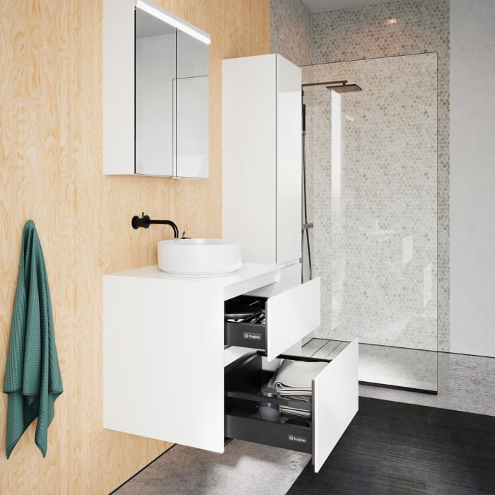 burgbad Lin20 Waschtischunterschrank mit Konsolenplatte 60 cm, 2 Auszüge, Beckenausschnitt mittig