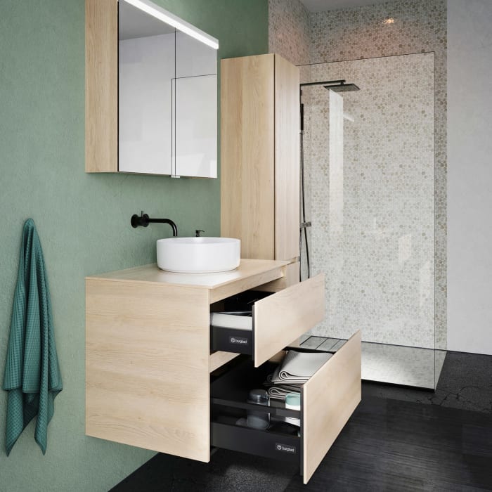 burgbad Lin20 Waschtischunterschrank mit Konsolenplatte 80 cm, 2 Auszüge, Beckenausschnitt mittig