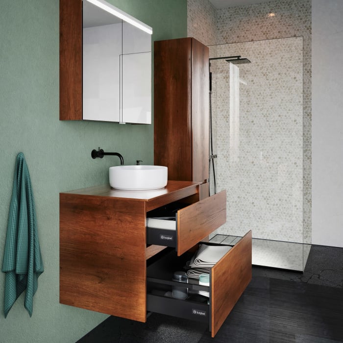 burgbad Lin20 Waschtischunterschrank mit Konsolenplatte 80 cm, 2 Auszüge, Beckenausschnitt mittig