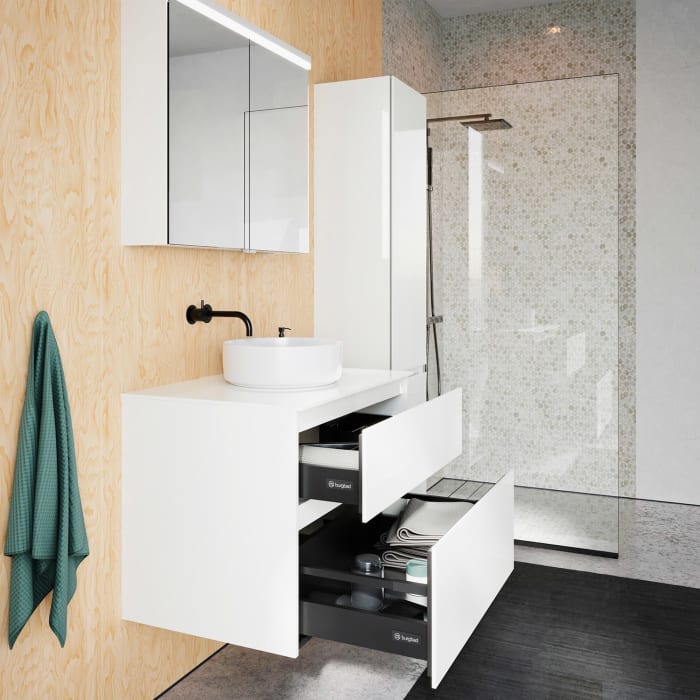 burgbad Lin20 Waschtischunterschrank mit Konsolenplatte 80 cm, 2 Auszüge, Beckenausschnitt mittig