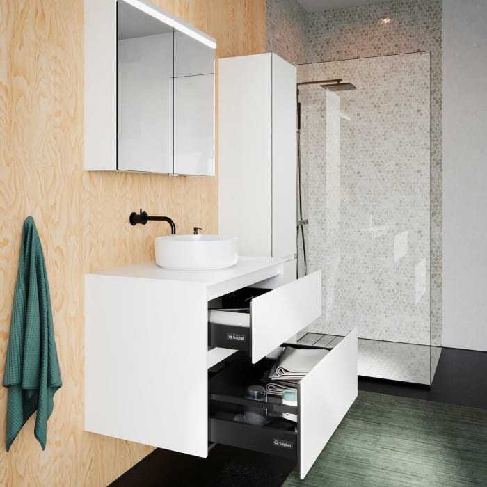 burgbad Lin20 Waschtischunterschrank mit Konsolenplatte 80 cm, 2 Auszüge, Beckenausschnitt mittig