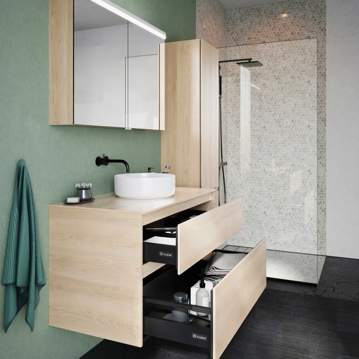 burgbad Lin20 Waschtischunterschrank mit Konsolenplatte 100 cm, 2 Auszüge, Beckenausschnitt mittig