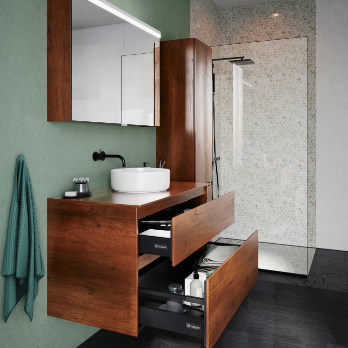 burgbad Lin20 Waschtischunterschrank mit Konsolenplatte 100 cm, 2 Auszüge, Beckenausschnitt mittig