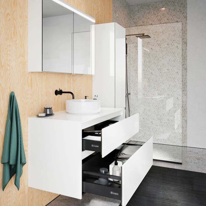 burgbad Lin20 Waschtischunterschrank mit Konsolenplatte 100 cm, 2 Auszüge, Beckenausschnitt mittig