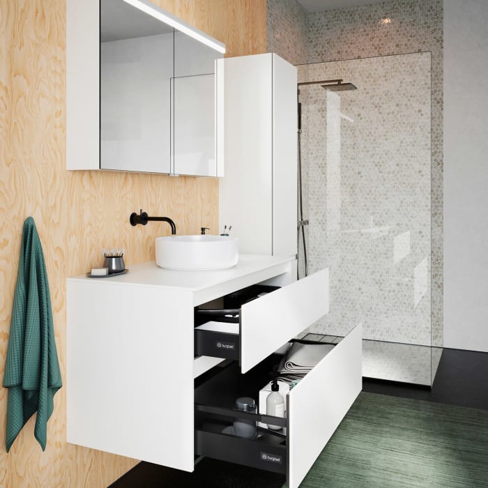 burgbad Lin20 Waschtischunterschrank mit Konsolenplatte 100 cm, 2 Auszüge, Beckenausschnitt mittig