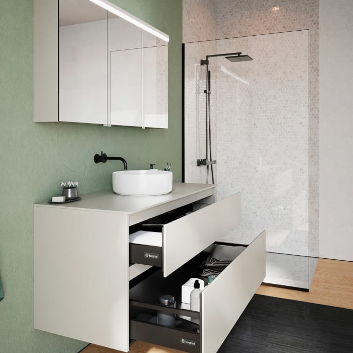 burgbad Lin20 Waschtischunterschrank mit Konsolenplatte 120 cm,  2 Auszüge, Beckenausschnitt mittig