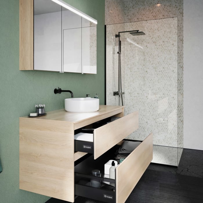 burgbad Lin20 Waschtischunterschrank mit Konsolenplatte 120 cm, 2 Auszüge, Beckenausschnitt mittig