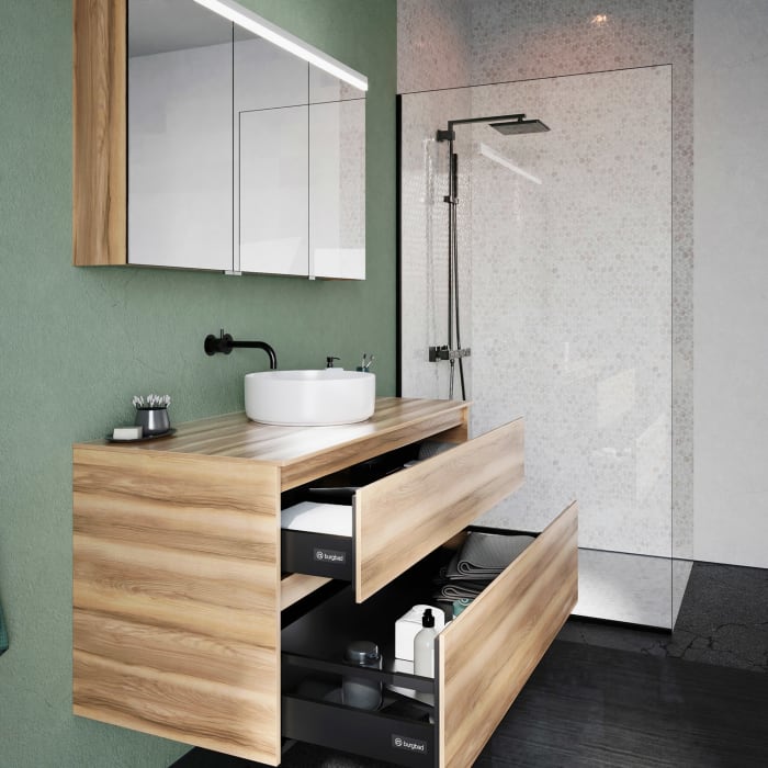 burgbad Lin20 Waschtischunterschrank mit Konsolenplatte 120 cm, 2 Auszüge, Beckenausschnitt mittig