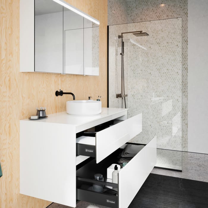 burgbad Lin20 Waschtischunterschrank mit Konsolenplatte 120 cm, 2 Auszüge, Beckenausschnitt mittig