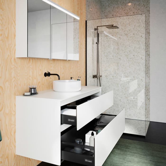 burgbad Lin20 Waschtischunterschrank mit Konsolenplatte 120 cm, 2 Auszüge, Beckenausschnitt mittig