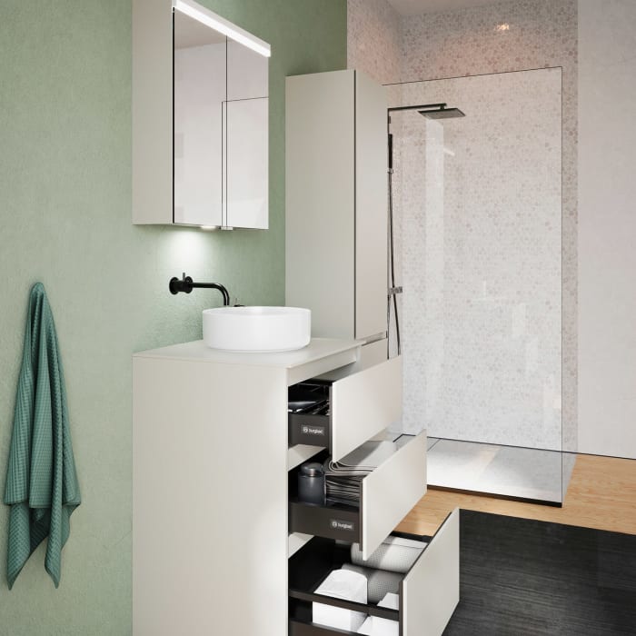 burgbad Lin20 Waschtischunterschrank mit Konsolenplatte 60 cm,  3 Auszüge, Beckenausschnitt mittig