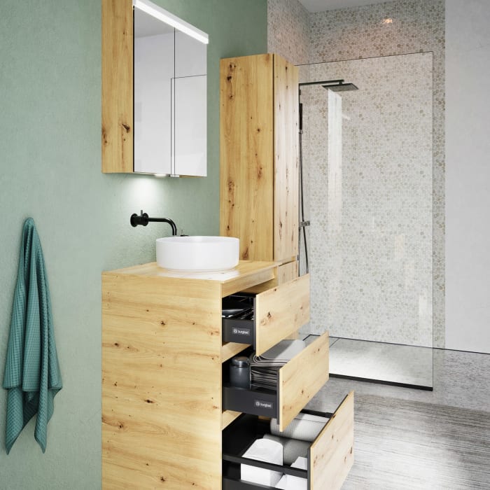 burgbad Lin20 Waschtischunterschrank mit Konsolenplatte 60 cm, 3 Auszüge, Beckenausschnitt mittig