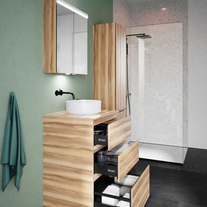 burgbad Lin20 Waschtischunterschrank mit Konsolenplatte 60 cm, 3 Auszüge, Beckenausschnitt mittig