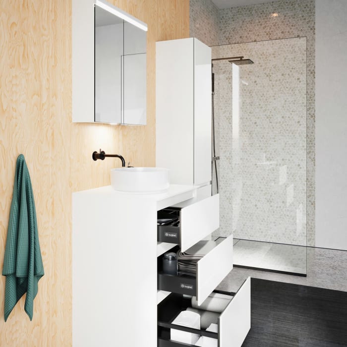 burgbad Lin20 Waschtischunterschrank mit Konsolenplatte 60 cm, 3 Auszüge, Beckenausschnitt mittig