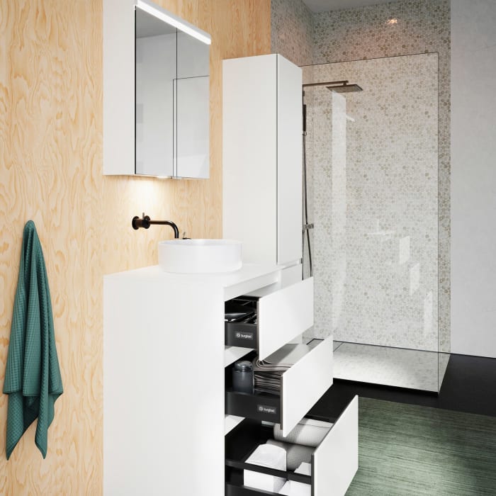 burgbad Lin20 Waschtischunterschrank mit Konsolenplatte 60 cm, 3 Auszüge, Beckenausschnitt mittig