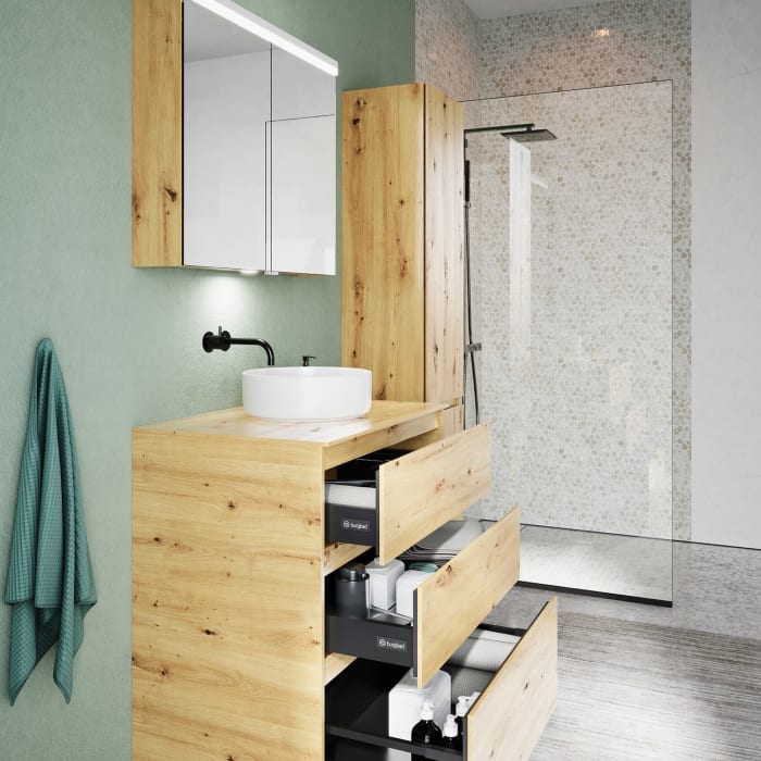 burgbad Lin20 Waschtischunterschrank mit Konsolenplatte 80 cm, 3 Auszüge, Beckenausschnitt mittig