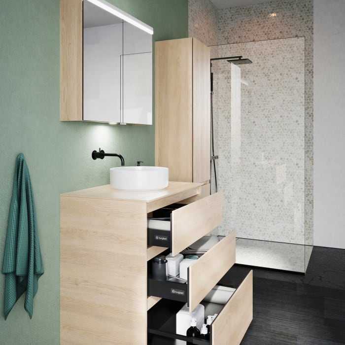 burgbad Lin20 Waschtischunterschrank mit Konsolenplatte 80 cm, 3 Auszüge, Beckenausschnitt mittig