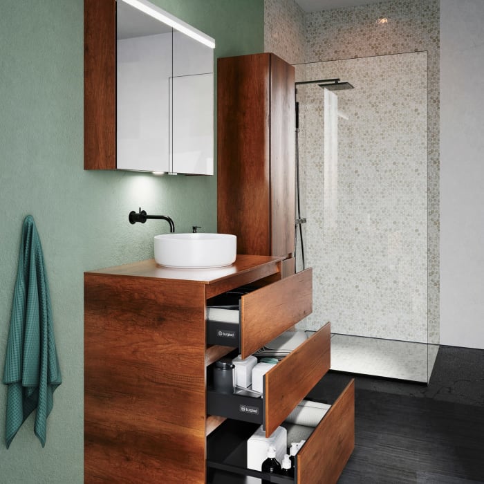 burgbad Lin20 Waschtischunterschrank mit Konsolenplatte 80 cm, 3 Auszüge, Beckenausschnitt mittig