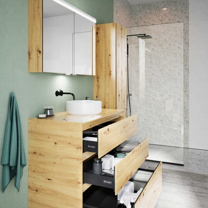 burgbad Lin20 Waschtischunterschrank mit Konsolenplatte 100 cm, 3 Auszüge, Beckenausschnitt mittig