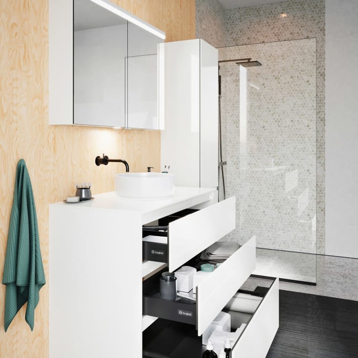 burgbad Lin20 Waschtischunterschrank mit Konsolenplatte 100 cm, 3 Auszüge, Beckenausschnitt mittig