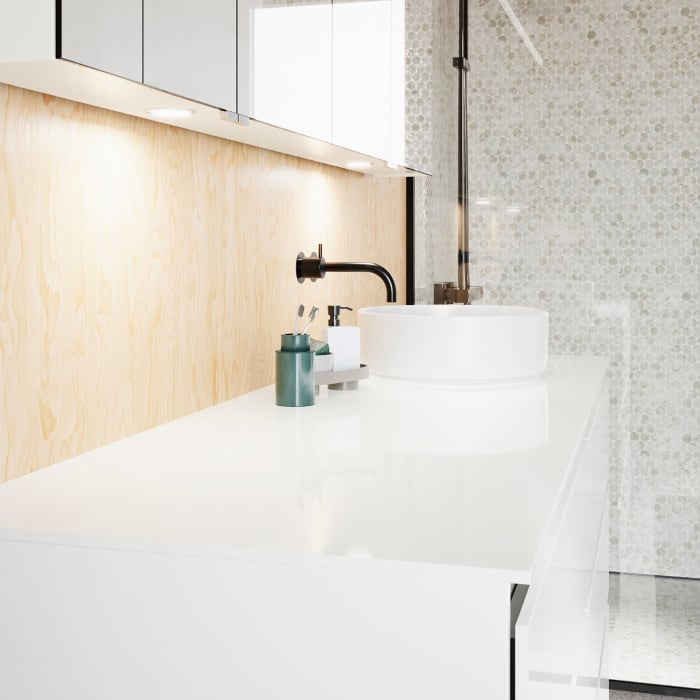 burgbad Lin20 Waschtischunterschrank mit Konsolenplatte 160 cm, 6 Auszüge, Beckenausschnitt rechts