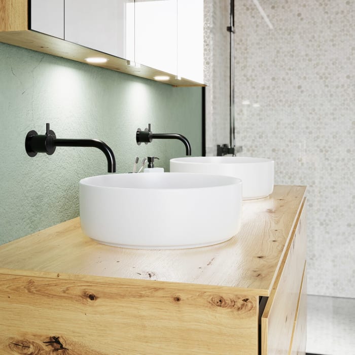 burgbad Lin20 Waschtischunterschrank mit Konsolenplatte 140 cm, 4 Auszüge, Beckenausschnitt links und rechts