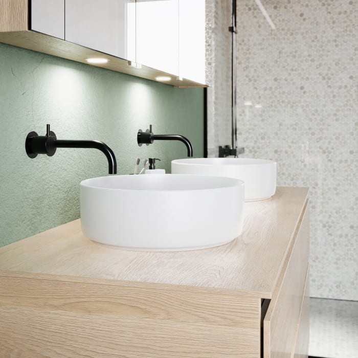 burgbad Lin20 Waschtischunterschrank mit Konsolenplatte 140 cm, 4 Auszüge, Beckenausschnitt links und rechts