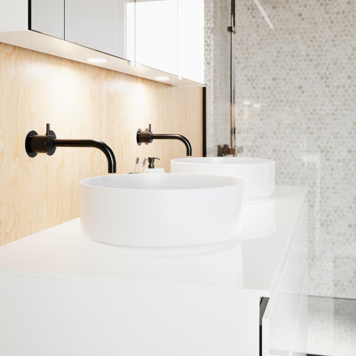 burgbad Lin20 Waschtischunterschrank mit Konsolenplatte 140 cm, 4 Auszüge, Beckenausschnitt links und rechts