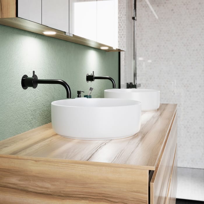 burgbad Lin20 Waschtischunterschrank mit Konsolenplatte 160 cm, 4 Auszüge, Beckenausschnitt links und rechts