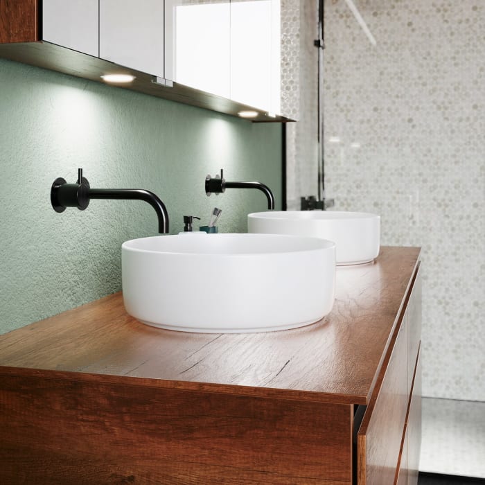 burgbad Lin20 Waschtischunterschrank mit Konsolenplatte 160 cm, 4 Auszüge, Beckenausschnitt links und rechts