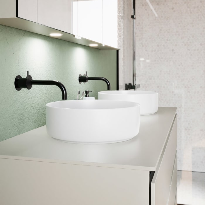 burgbad Lin20 Waschtischunterschrank mit Konsolenplatte 140 cm, 6 Auszüge, Beckenausschnitt links und rechts