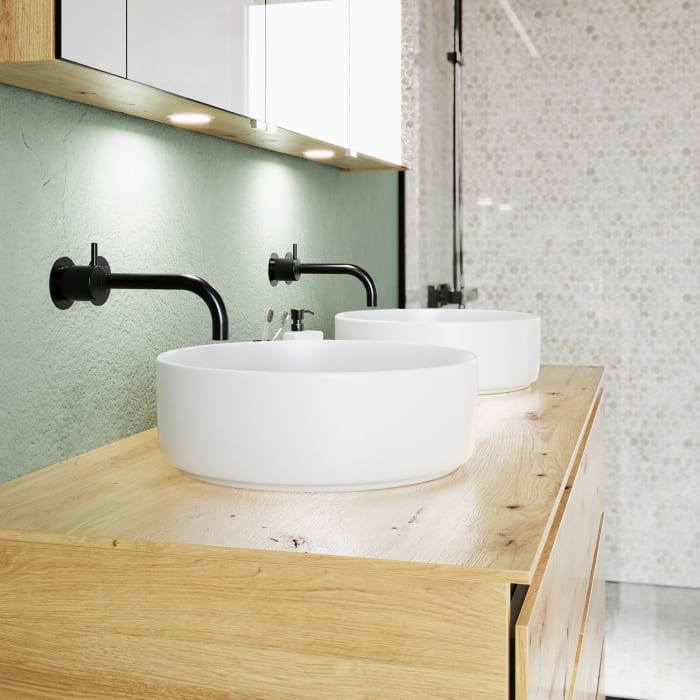 burgbad Lin20 Waschtischunterschrank mit Konsolenplatte 140 cm, 6 Auszüge, Beckenausschnitt links und rechts