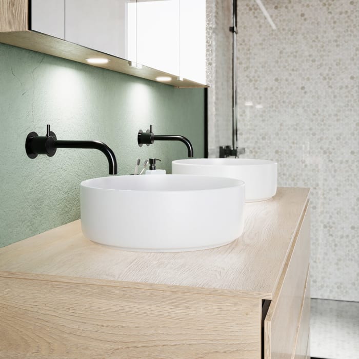 burgbad Lin20 Waschtischunterschrank mit Konsolenplatte 140 cm, 6 Auszüge, Beckenausschnitt links und rechts