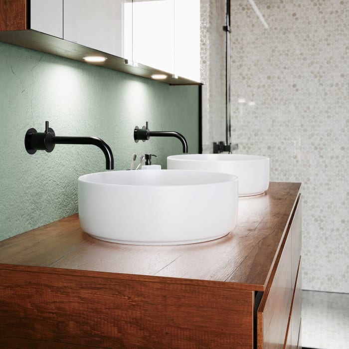 burgbad Lin20 Waschtischunterschrank mit Konsolenplatte 140 cm, 6 Auszüge, Beckenausschnitt links und rechts