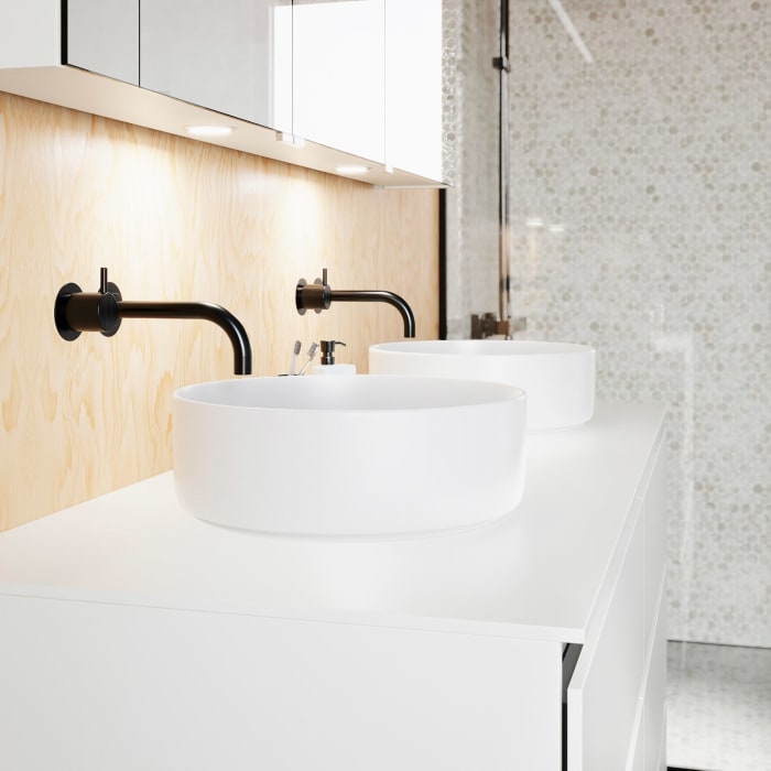 burgbad Lin20 Waschtischunterschrank mit Konsolenplatte 140 cm, 6 Auszüge, Beckenausschnitt links und rechts